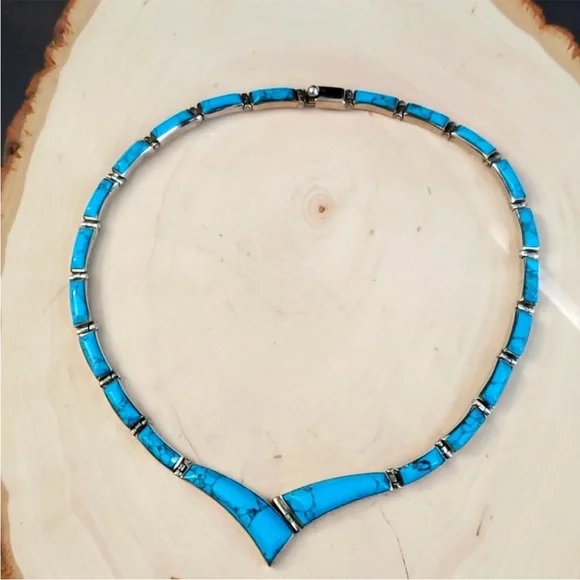 950 Sterling Silver 925 Turquoise Cleopatra V Necklace - Picture 7 of 12